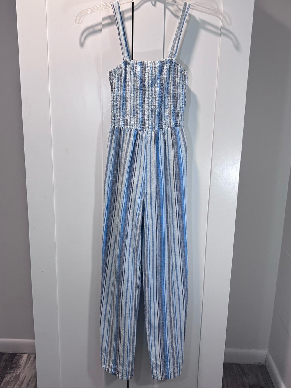 Chances R 100% Cotton Wide Leg Smocked Boho Jumpsuit Womens S Blue White Stripe